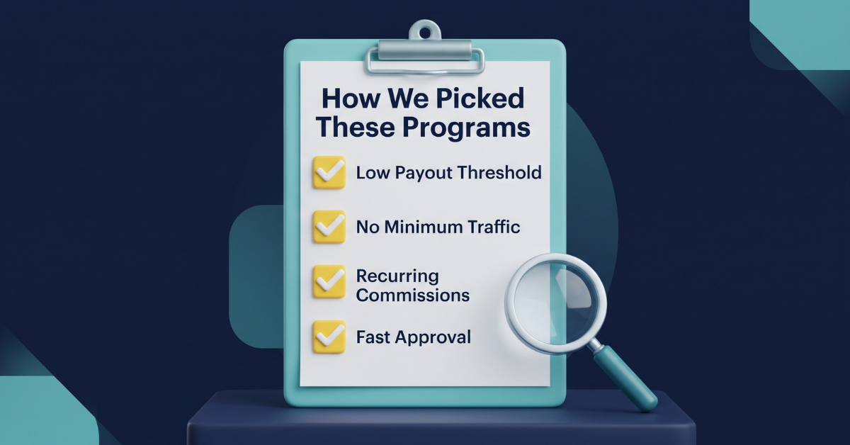 Checklist of criteria for choosing affiliate programs: low payout threshold, no minimum traffic, recurring commissions, fast approval