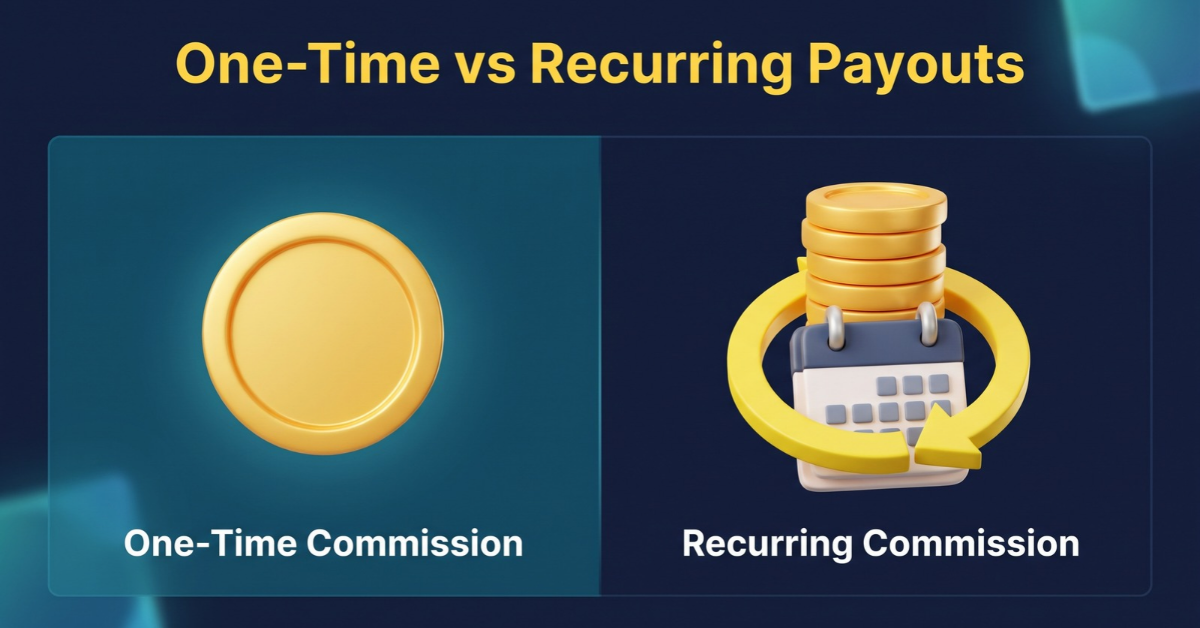 Infographic comparing one-time commission and recurring commission affiliate payouts