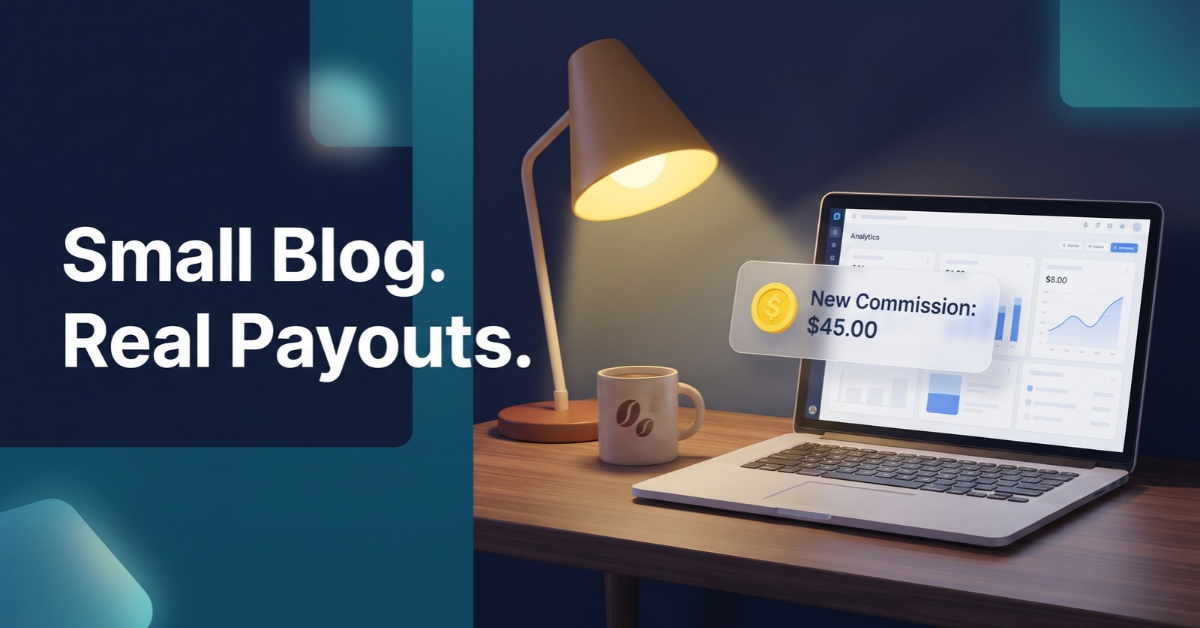 Laptop at night showing a $45 affiliate commission notification for a small blog
