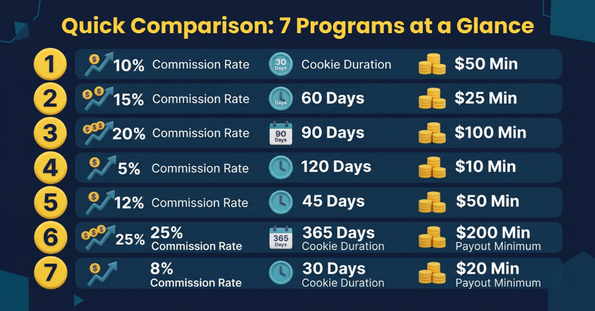 Comparison chart of 7 affiliate programs for small tech blogs by commission rate, cookie duration, and payout minimum