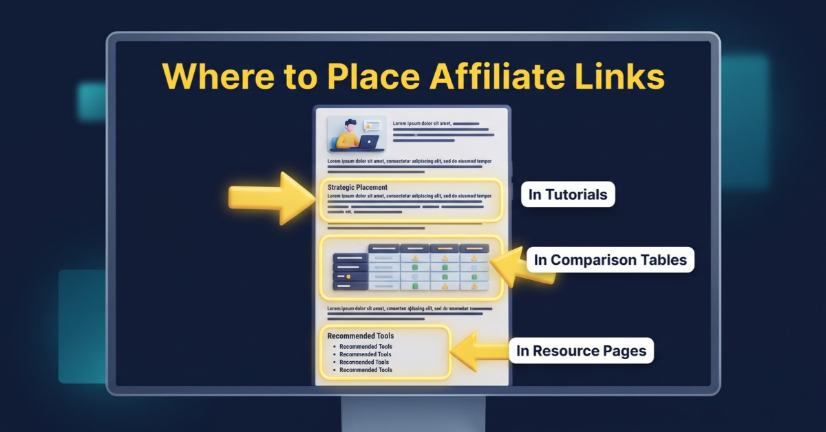 Blog layout showing where to place affiliate links: tutorials, comparison tables, and resource pages