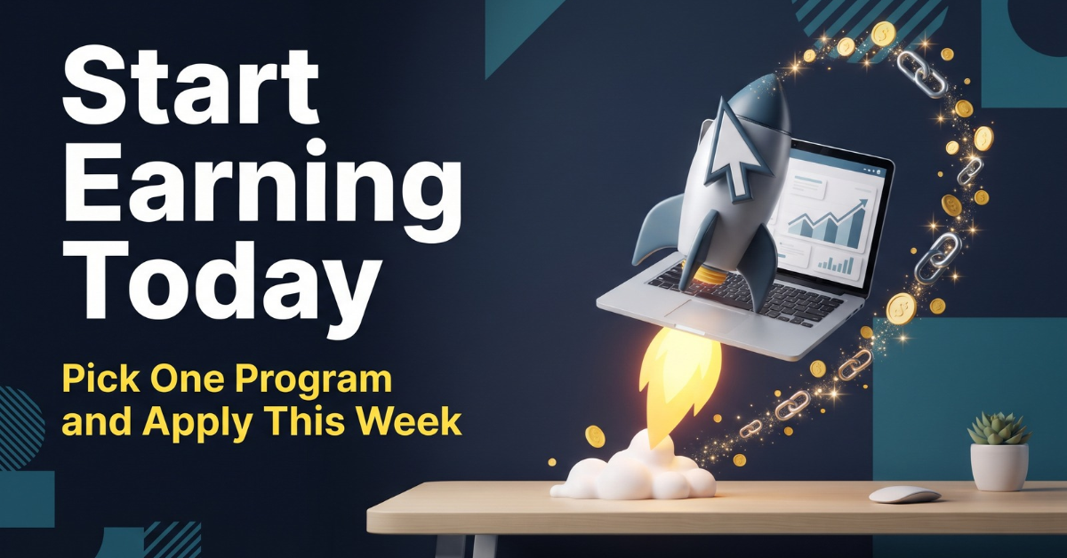 Laptop rocket launching with coins, encouraging bloggers to start earning with affiliate programs